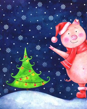 komik domuz kırmızı Santa şapka ve Noel ağacı karlı gecede çizilmiş örnek ver. Sulu boya tebrik kartı