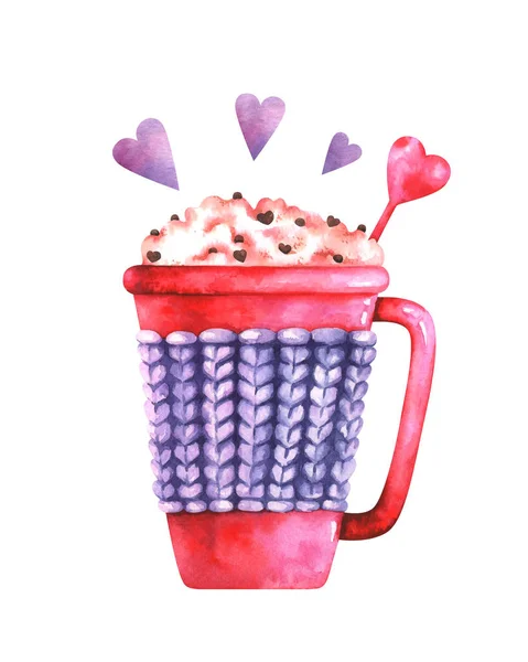 Hand Painted Watercolor Illustration Cute Coffee Cup Purple Hearts Isolated — Stock Photo, Image