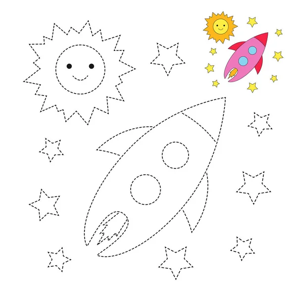 Güneş, yıldız ve boyama kitabı için uzayda uçan roket vektör Illustration. Basit eğitim oyun çocuklar için