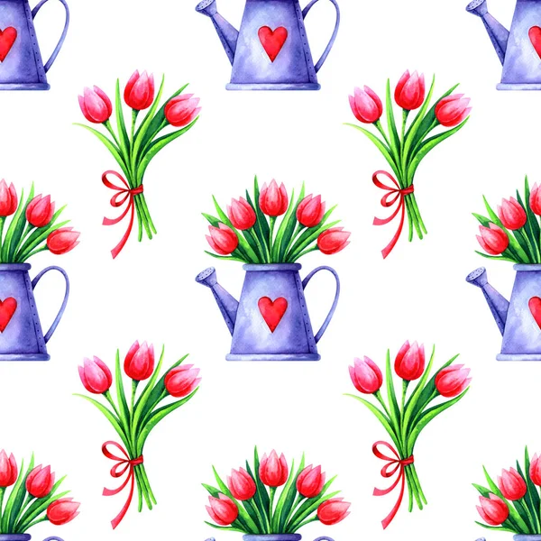 Modèle Printemps Sans Couture Peint Main Avec Bouquets Tulipes Aquarelle — Photo