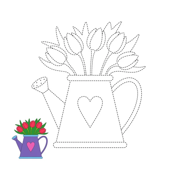 難易度のレベルが簡単なゲーム就学前の子供のためのベクトル ワークシート 子供のための簡単な教育ゲーム 水まき缶でチューリップの花束のイラスト — ストックベクタ