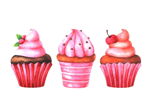 Håndmalet Sæt Akvarel Farverige Muffins Isoleret Hvid Baggrund - Stock-foto