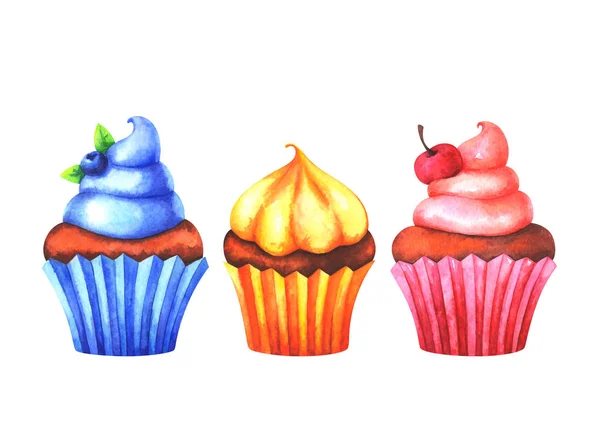 Set Dipinto Mano Acquerello Muffin Colorati Isolati Sfondo Bianco — Foto Stock