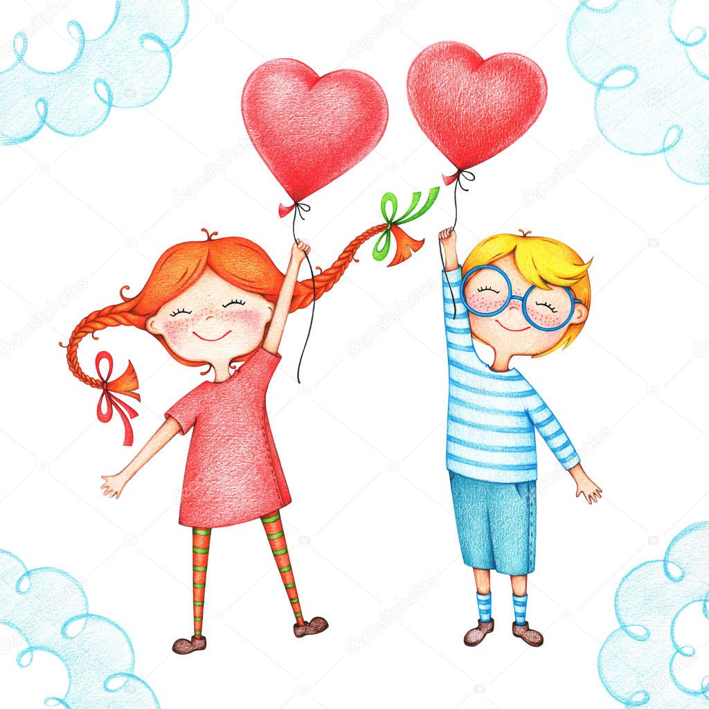 hand drawn picture of kids flying with red balloons by the color pencils. illustration of sentimental happy couple