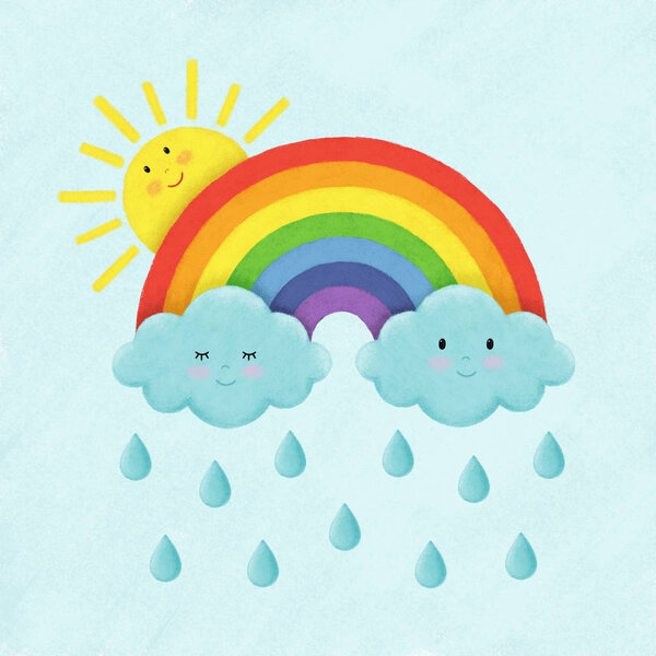Digital illustration of the rainbow, cute clouds, raindrops and the sun for kids