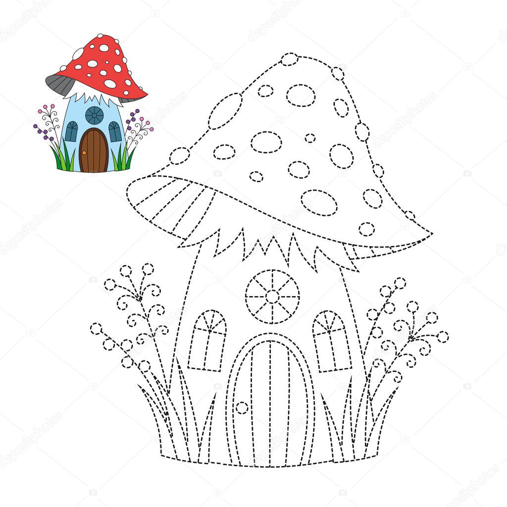 Simple educational game for kids. Vector illustration of the fairytale mushroom house for coloring book