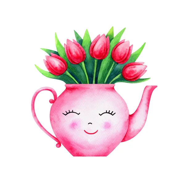 Hand Painted Watercolor Illustration Bouquet Red Tulips Cute Pink Teapot — Stock Photo, Image