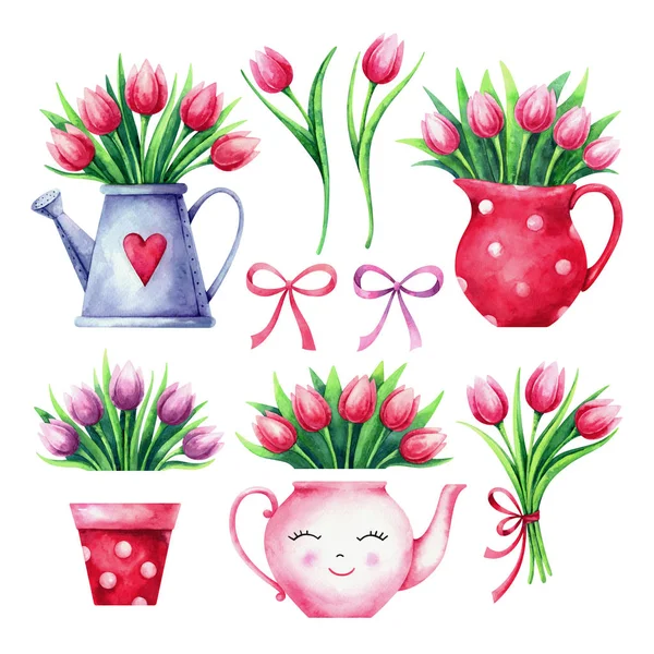 Set Hand Painted Watercolor Tulips Vase Pot Teapot Watering Can — Stock Photo, Image