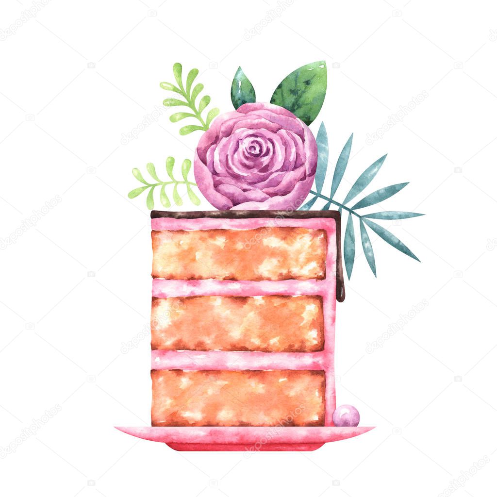 Hand painted watercolor illustration of a piece of cake with chocolate glaze and decorated with pink rose and green plants isolated on white background