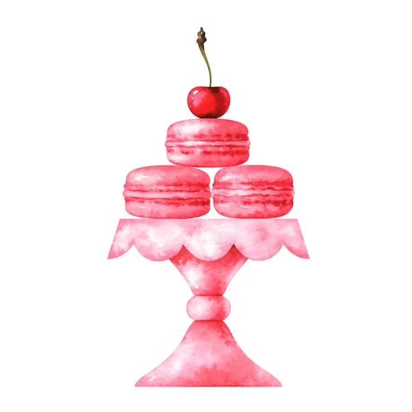 Ręcznie Malowane Akwarela Ilustracji Cherry Macaroons Placek Stoisko Izolowane Białym — Zdjęcie stockowe