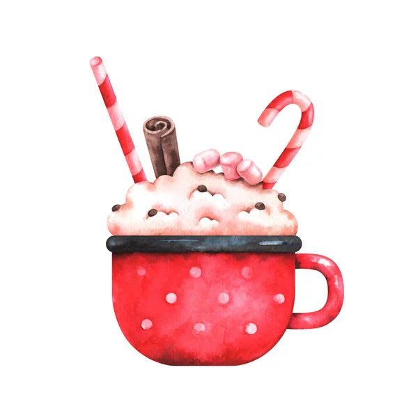 Illustration Aquarelle Peinte Main Tasse Mignonne Avec Café Guimauves Cannelle — Photo