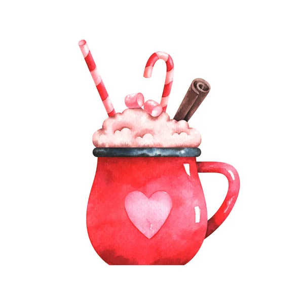 Hand Painted Watercolor Illustration Cute Red Cup Coffee Marshmallows Cinnamon — Stock Photo, Image