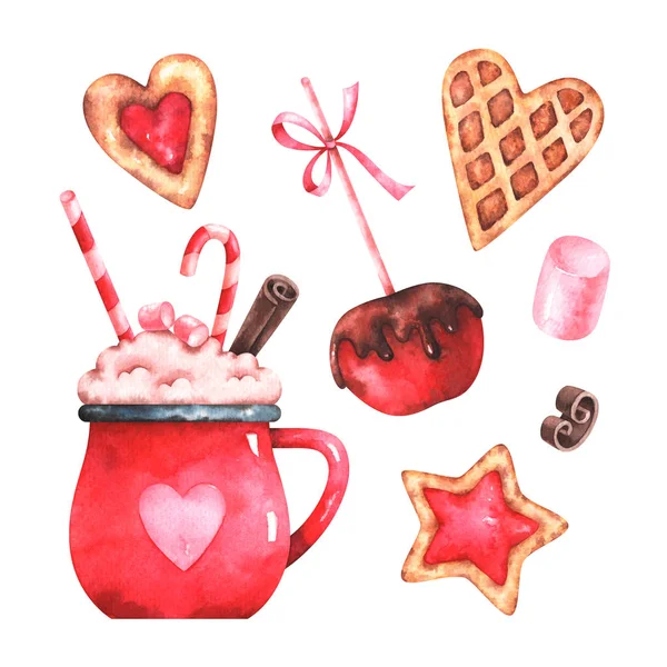 Hand Painted Watercolor Illustration Cute Coffee Cup Marshmallow Cookies Apple — Stock Photo, Image