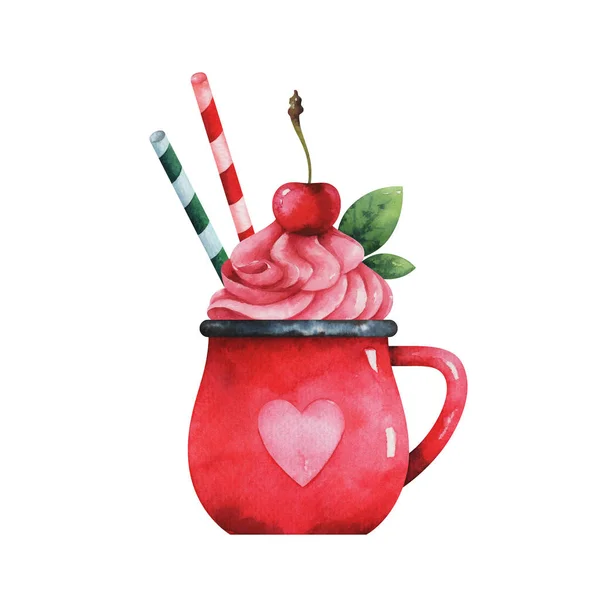 白い背景に隔離された桜と緑の葉で飾られたクリームとコーヒーのかわいい赤いカップの手描き水彩イラスト — ストック写真