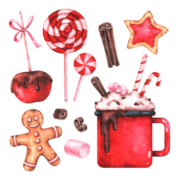 Acuarela Pintada Mano Ilustración Taza Chocolate Caliente Manzana Con Esmalte — Foto de Stock