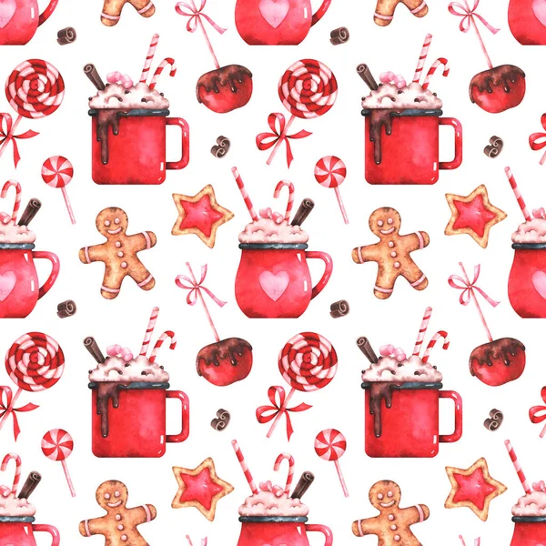 Hand Painted Watercolor Seamless Pattern Christmas Sweets Isolated White Background — Stock Photo, Image