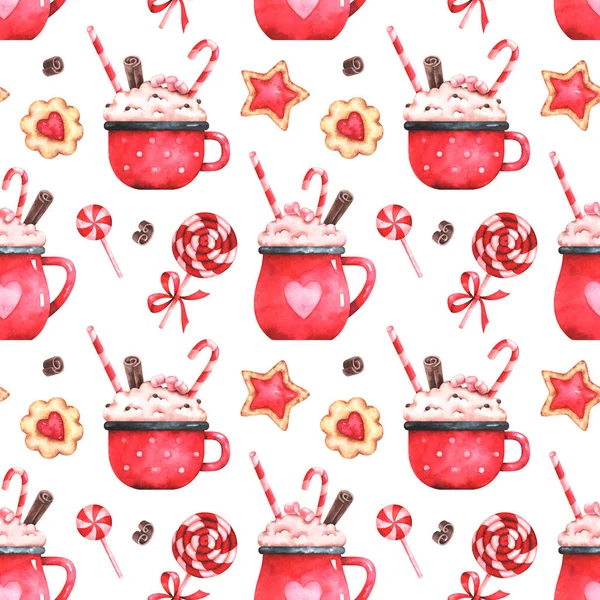 Hand Painted Watercolor Seamless Pattern Christmas Sweets Isolated White Background — Stock Photo, Image