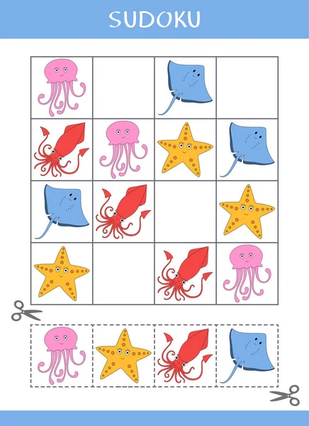 Sudoku Für Kinder Einfaches Logikspiel Schneiden Und Kleben Vektorillustration — Stockvektor