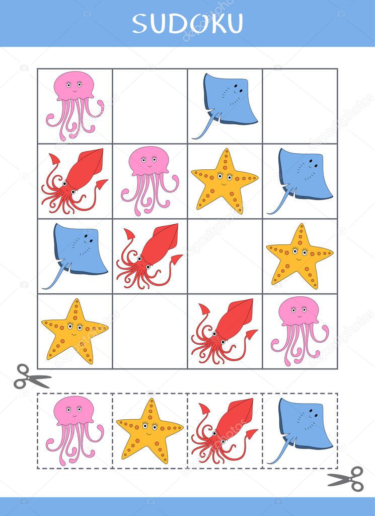 Sudoku for kids. Simple logic game. Cut and glue. Vector illustration