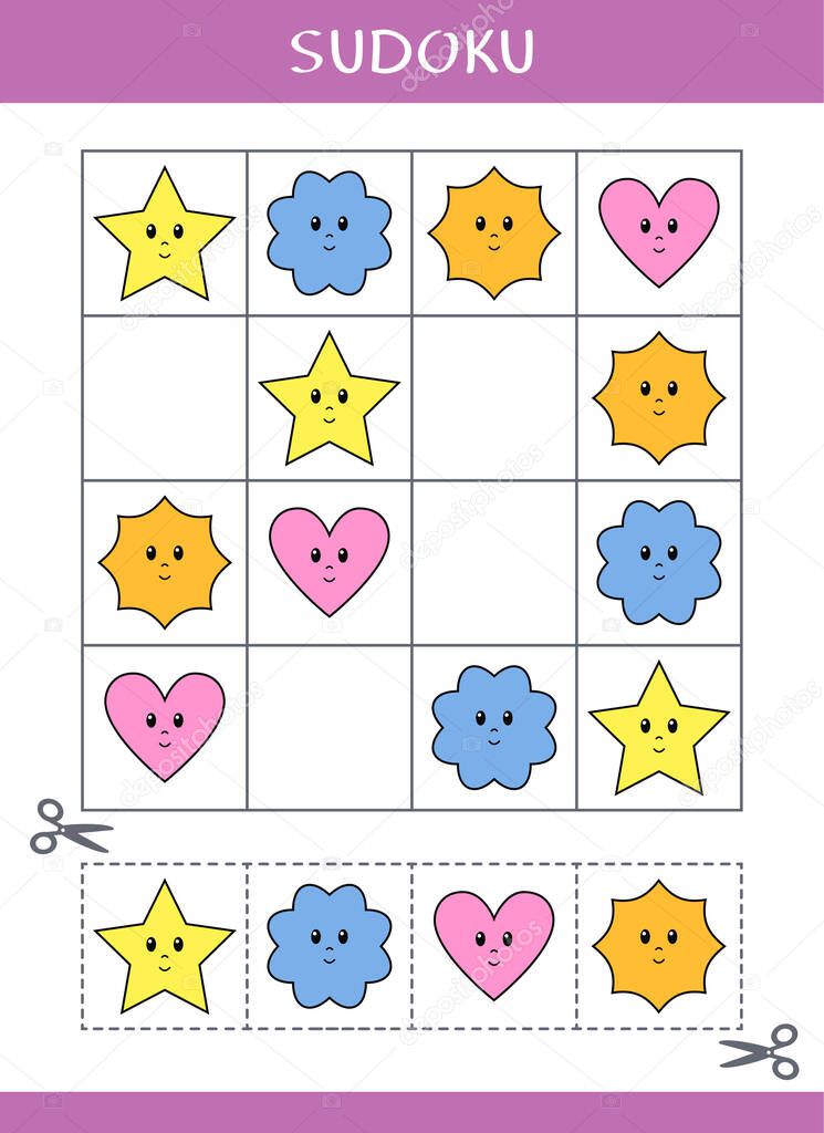 Sudoku for kids. Simple logic game. Cut and glue. Vector illustration