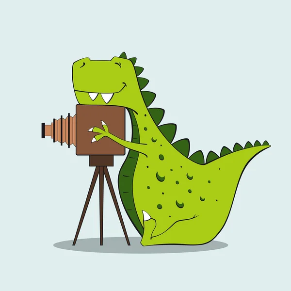 Illustrazione Vettoriale Dinosauro Divertente Seduto Vicino Alla Vecchia Fotocamera Fotografica — Vettoriale Stock