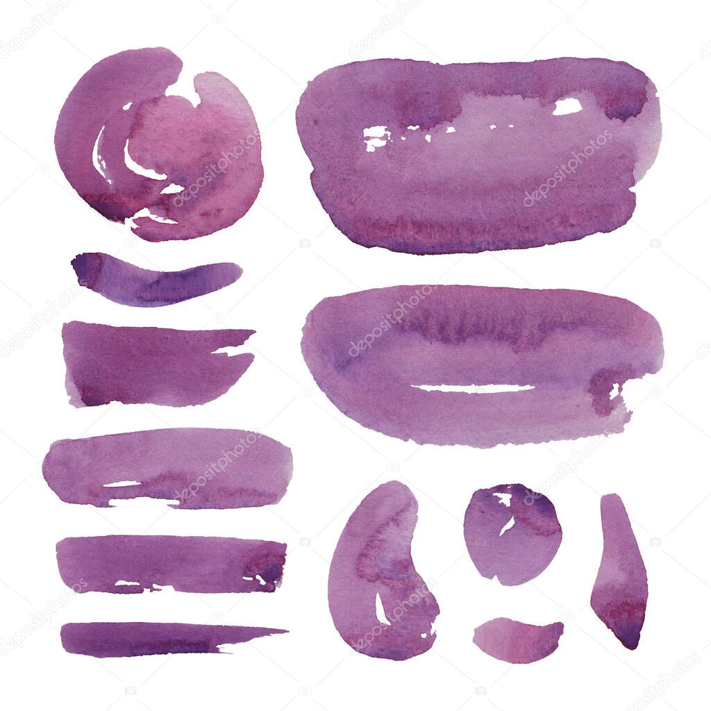 Hand painted purple watercolor objects isolated on white background. Creative collection of abstract stains, lines, strokes and circles for your design