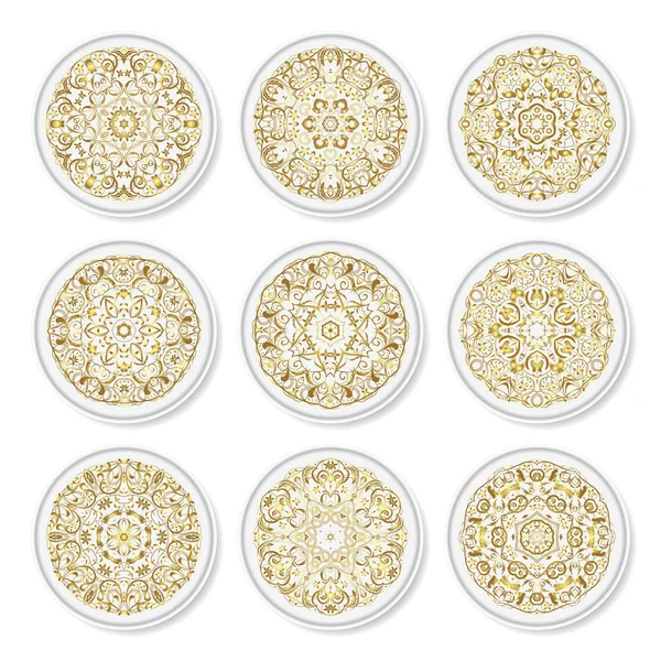 Σετ διακοσμητικά πιάτα με Αραβικά χρυσή μοτίβο. — Διανυσματικό Αρχείο