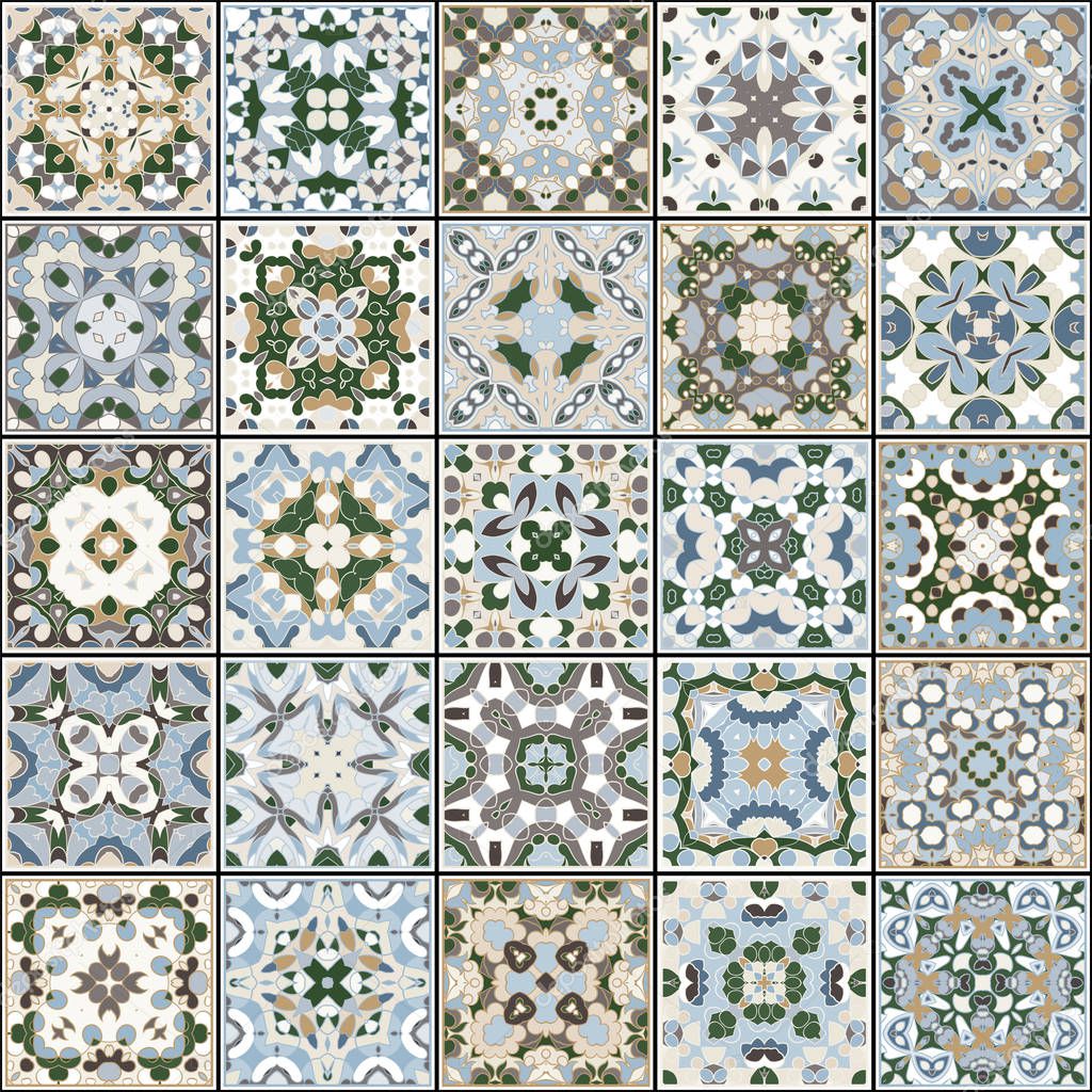 A collection of ceramic tiles in blue and beige colors.