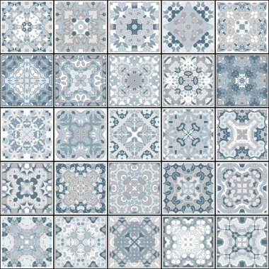 Mavi renklerde seramik koleksiyonu. Oryantal tarzı kare desen bir dizi. Vektör çizim.