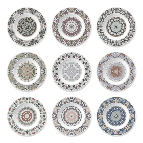 Set Nine Decorative Plates Circular Colored Pattern Top View White — Stock Vector