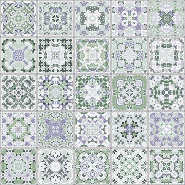 Collection Ceramic Tiles Blue Beige Retro Colors Set Square Patterns — Stock Vector