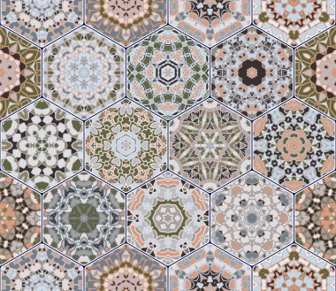 Vintage süsleme ile altıgen fayans parlak seamless modeli.