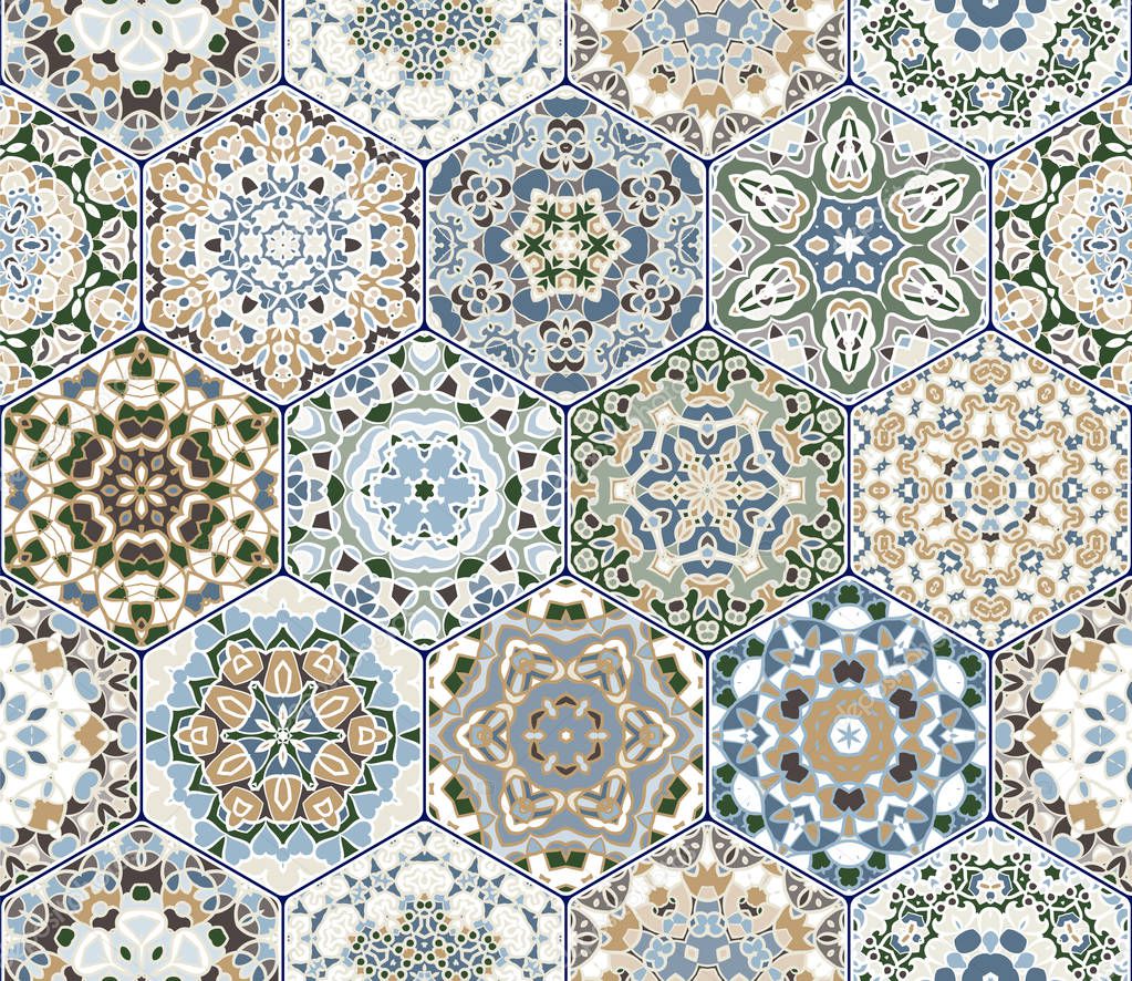 Bright seamless pattern of hexagonal tiles with vintage ornament.