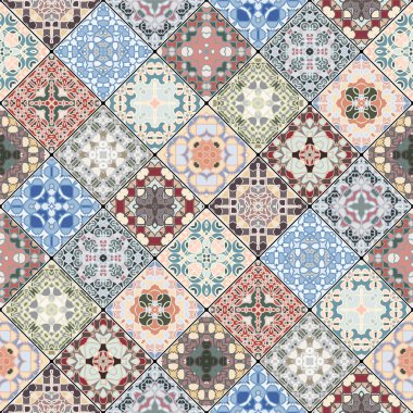 Soyut desenler mozaik küme. Oryantal tarzı kare artıkları. Vektör çizim etnik tarzda. İdeal kumaş ya da kağıt üzerine basım için