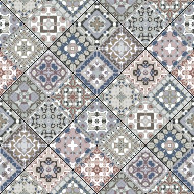 Retro renklerde seramik koleksiyonu. Etnik tarzı kare desenleri.