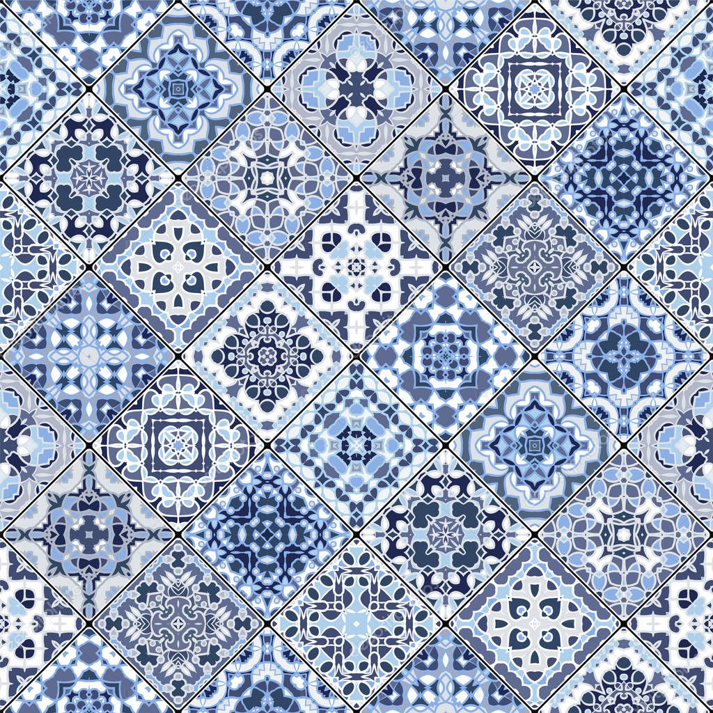 Vector set of mosaic blue and white square patterns.