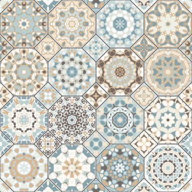 Oryantal tarzı kare ve sekizgen Dikişsiz desen vektör toplama. Bir dizi çok renkli fayans.