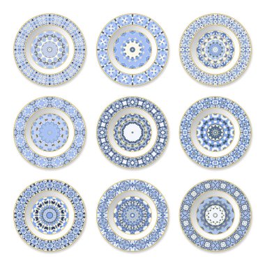 Dairesel mavi desen, üstten görünüm ile dekoratif kaplamalar kümesi. Beyaz arka plan. Vektör çizim.