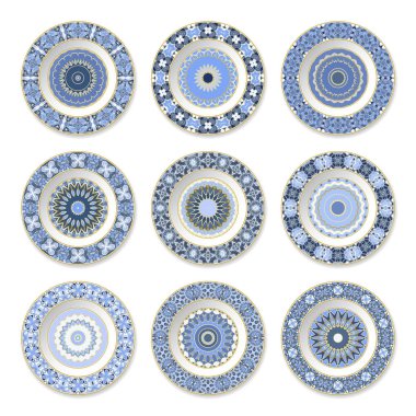 Dairesel mavi desen, üstten görünüm ile dekoratif kaplamalar kümesi. Beyaz arka plan. Vektör çizim.