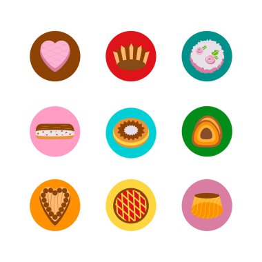 Daireler halinde kek simgeleri. Beyaz renkli pişirme Vektör illüstrasyon.  