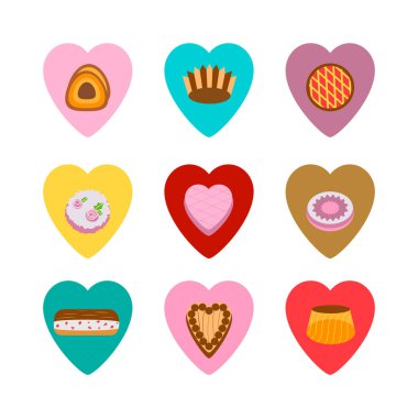 Kek beyaz bitti izole kalplerinde. Renkli pişirme vektör çizim. 