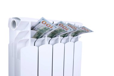 Beyaz bir arka plan üzerinde dolar ile radyatör batarya
