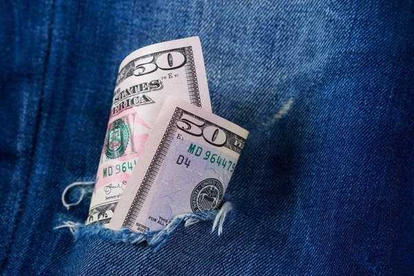 Fifty Dollars Banknote Hole Jeans — Stock Photo, Image