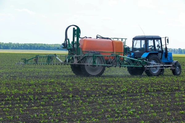 Traktor Tavasszal Megszórja Kukoricamezőt — Stock Fotó