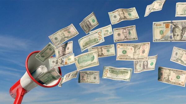 Победное объявление - Megaphone распыляет банкноты в долларах США
