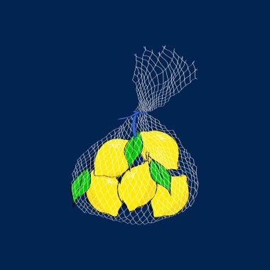 Koyu mavi arka planda içi taze sarı limon dolu bir çanta. Sağlıklı gıda, sıfır atık ve sürdürülebilir yaşam konsepti çizimi.