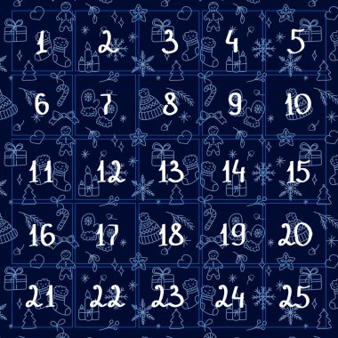 Koyu mavi takvim ve yeni yıl modeli. Noel 'e kadar sayılı geri sayım. Yazdırılabilir koleksiyon resimleri koleksiyonu.