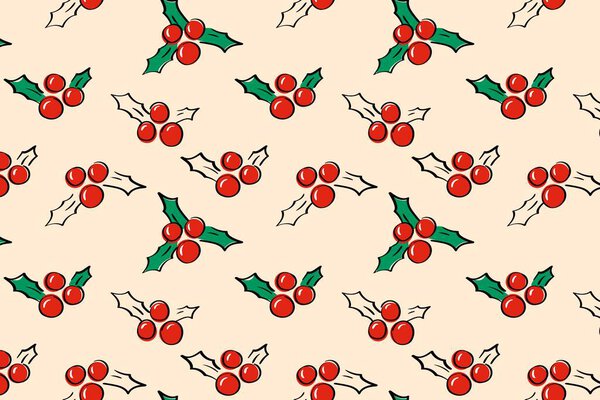 Холли листья и красные ягоды бесшовная векторная иллюстрация рождественского рисунка для праздничной оберточной бумаги, поздравительных открыток и зимних украшений