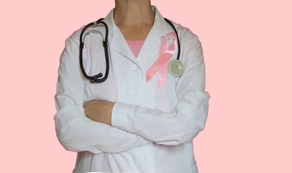 Female Doctor Stethoscope Pink Ribbon Isolated Health Care Medical Breast — Stock Photo, Image