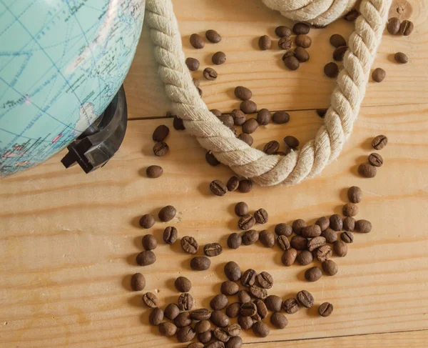 Happy Day Conception Columbus Globe Rope Coffee Beans Wooden Board — Stock Photo, Image